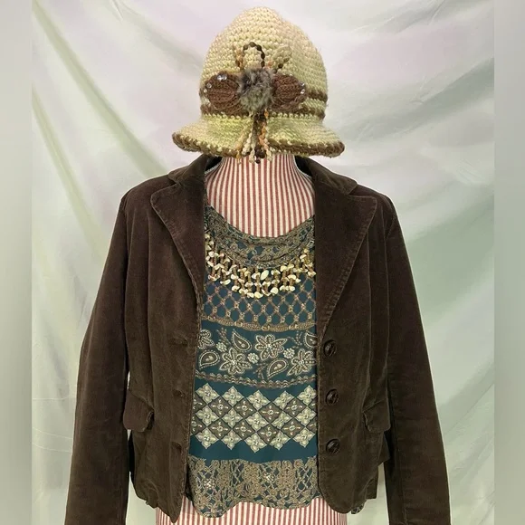 Vintage Hand Knit Cloche Bucket Hat w/ Bow, Brown & Tan, Fairycore, Boho, Hippie - Picture 2 of 7